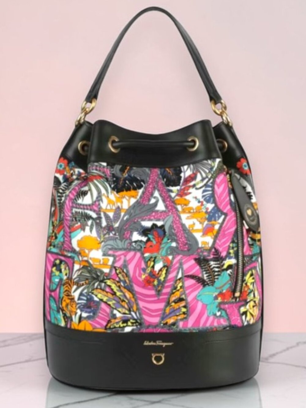 Salvatore Ferragamo Gancini Safari Nylon & Leather Bucket Backpack with BOX  NEW